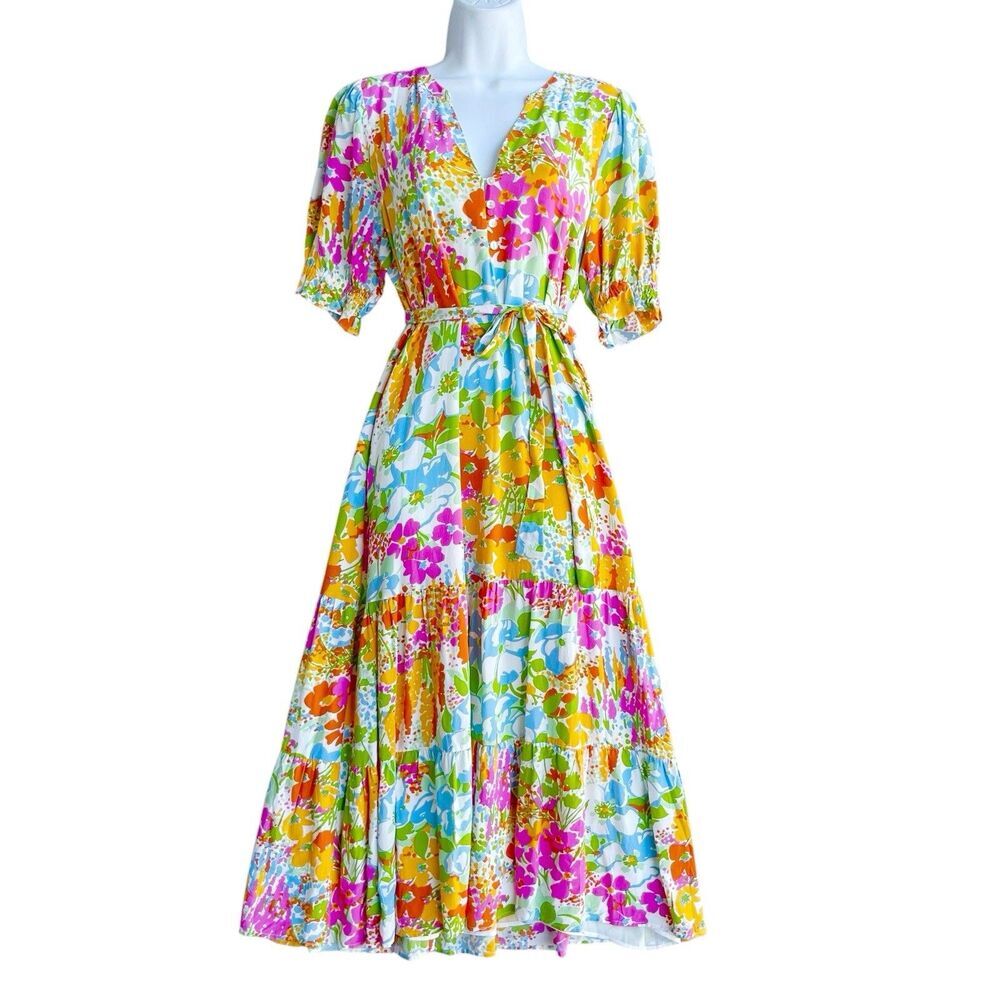 Rails Eliana Floral Tiered Tie Midi Dress Romantic Cottagecore Multicolor Small